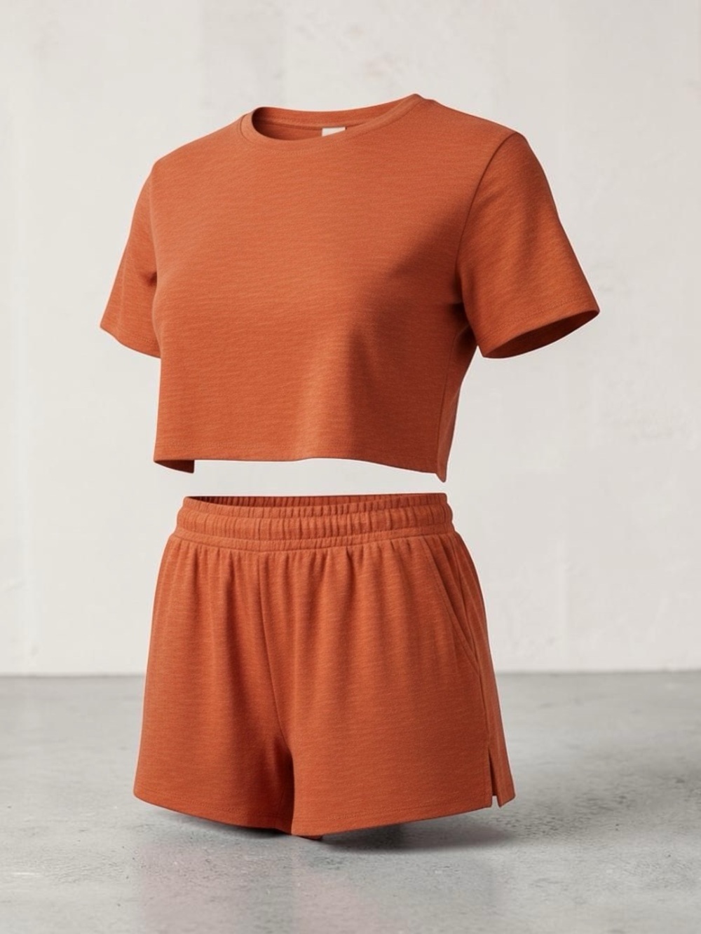 Cropped Crewneck Top & Shorts Set - Rust